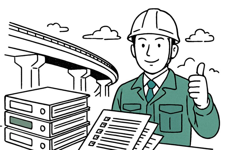 完成時の書類をそろえた技術者のイラスト