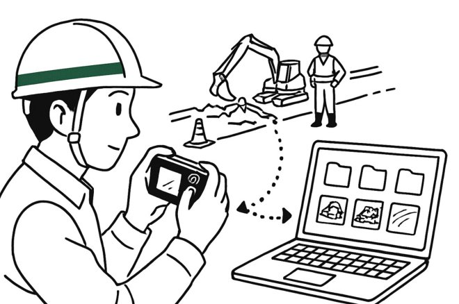 施工中の写真を記録する技術者のイラスト