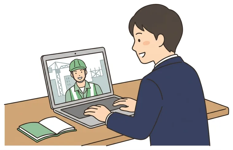 オンラインで建設会社の方と打合せをする営業スタッフのイラスト